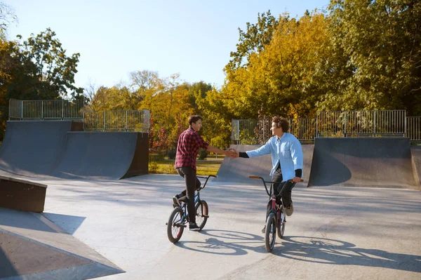 스케이트 파크에서 훈련받은 Bmx 자전거 극한의 자전거 자전거 거리에서의 자전거타기 — 스톡 사진