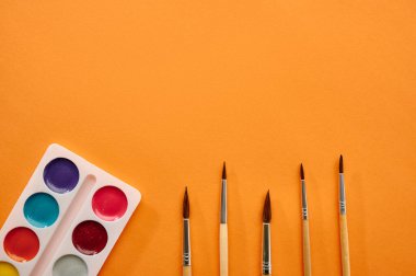 Suluboya boyaları ve fırçalar turuncu arka planda yakın plan. Ofis kırtasiye malzemeleri, okul veya eğitim aksesuarları, yazı ve çizim araçları