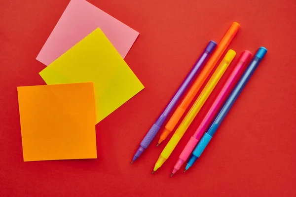 Pens Notepads Closeup Red Background Office Stationery Supplies School Education — Stock Photo, Image