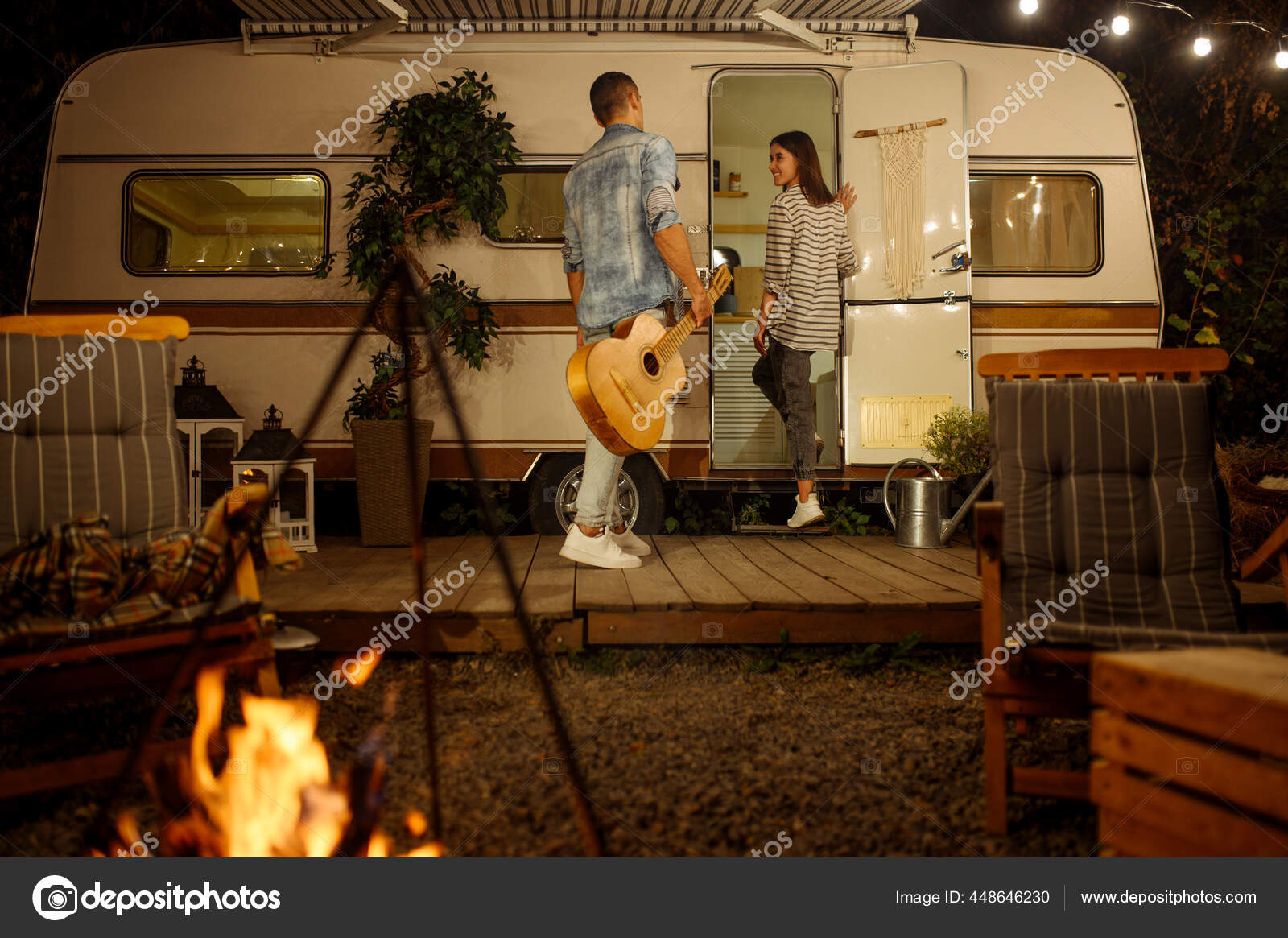 Young Love Couple Guitar Romantic Picnic Camping Forest Summer