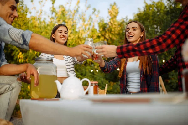 Amis Cliquetis Verres Table Sur Pique Nique Camping Dans Forêt — Photo