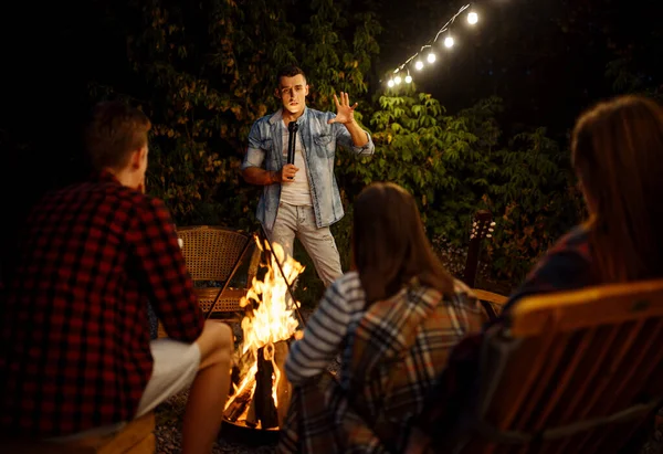 Friends Tell Scary Stories Bonfire Picnic Camping Forest Youth Having — Stock Photo, Image