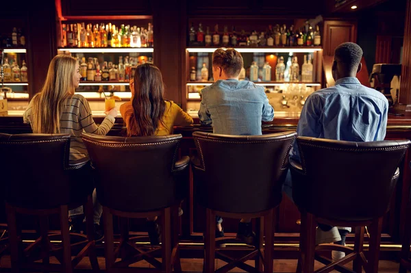 Four Friends Drink Beer Counter Bar Back View Group People — 스톡 사진