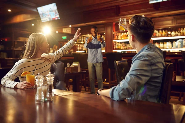 Friends Drink Alcohol Having Fun Table Bar Group People Relax — Stock Photo, Image