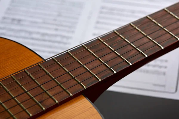 Acoustic Guitar Fretboard Music Book Background Nobody String Musical Instrument — 스톡 사진