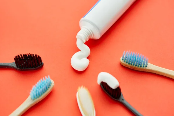 Oral care products, toothbrushes, toothpaste tube — Stock Photo, Image