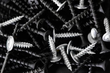 Kendini beceren vidalar, gri arka plan, hiç kimse. Profesyonel enstrüman, inşaatçı ekipmanı, bağlayıcılar, bağlanma araçları