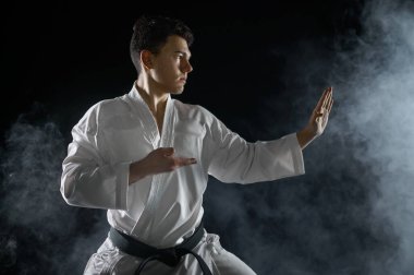 Beyaz kimonolu erkek karate dövüşçüsü, dövüş duruşu, karanlık bir geçmişi var. Karate antrenmanındaki adam, dövüş sanatları, dövüş yarışması.