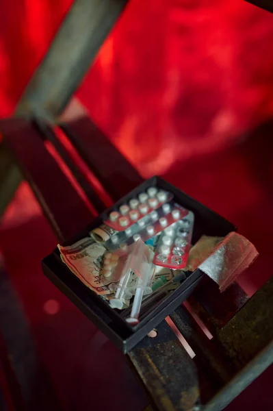 Набір Наркоманів Шприц Порошок Пачці Zip Сигарети Гроші Ніхто Проблема — стокове фото