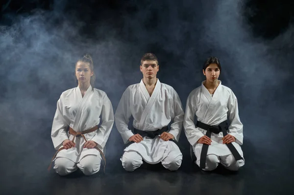 Női Karate Harcosok Mestere Fehér Kimonónak Csoportos Edzés Sötét Füstös — Stock Fotó