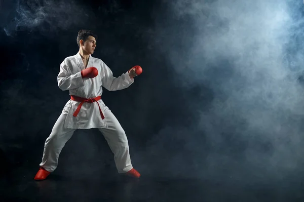 Férfi Karate Harcos Fehér Kimonóban Piros Kesztyűben Harci Állás Sötét — Stock Fotó