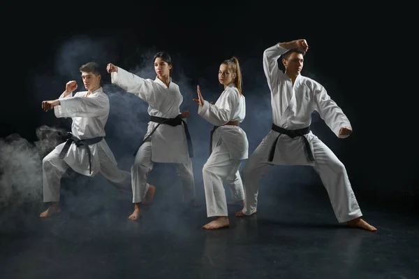 Négy Karate Harcos Fehér Kimonóban Harci Pozícióban Csoportos Kiképzésben Sötét — Stock Fotó