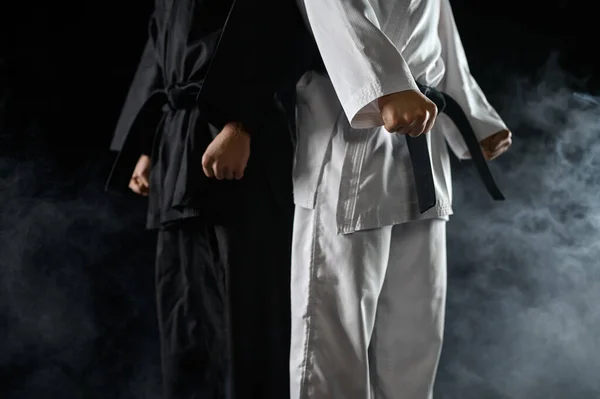 Két Férfi Karateka Fehér Fekete Kimonóban Sötét Háttérrel Füsttel Harcosok — Stock Fotó