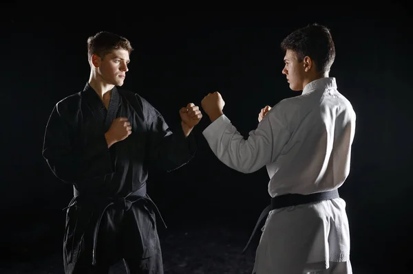 Két Férfi Karateka Fehér Fekete Kimonóban Sztrájk Sötét Háttér Harcosok — Stock Fotó