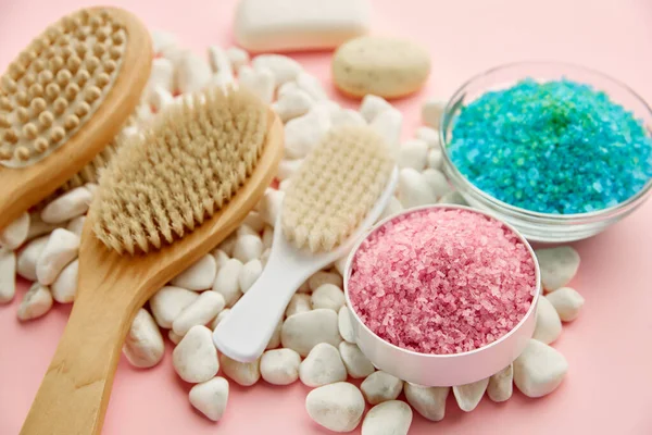 Skin Care Products Creams Sea Salt Macro View Pink Background — Stock Photo, Image