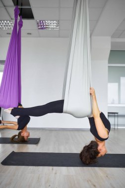 Hava anti-yerçekimi yogası, kadın grup eğitimi, hamaklarda asılı kalma. Fitness, pilates ve dans egzersizleri karışımı. Spor stüdyosunda yoga yapan kadınlar.