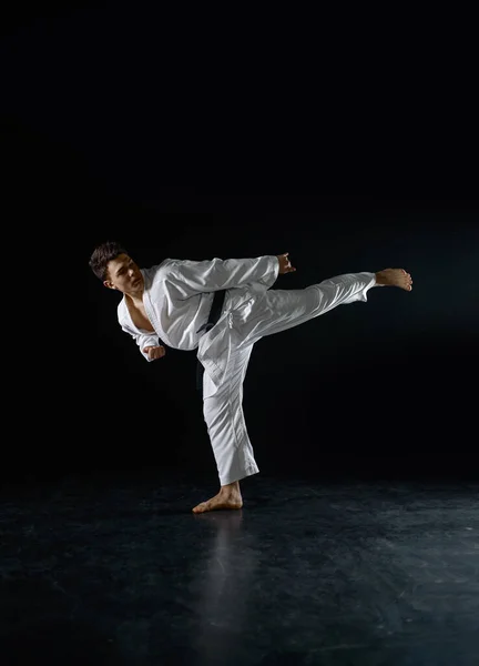 Karateka Masculino Lutador Posição Combate Fundo Escuro Homem Treino Karaté — Fotografia de Stock