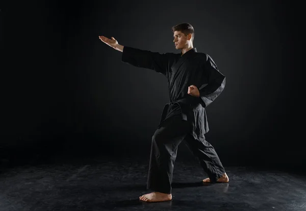 Férfi Karateka Harci Gyakorlat Fekete Kimonóban Harci Beállás Sötét Háttér — Stock Fotó