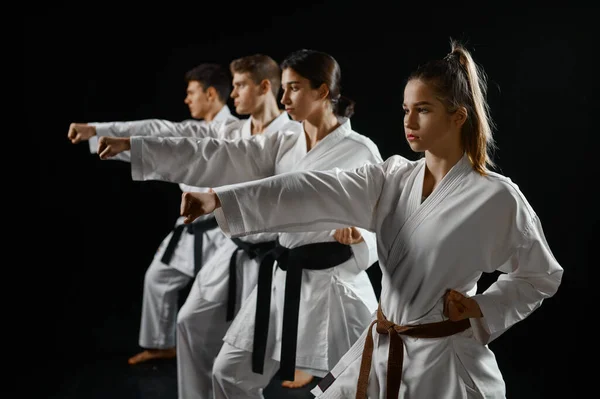 Négy Karate Harcos Pózol Fehér Kimonóban Csoportos Edzés Sötét Füstös — Stock Fotó