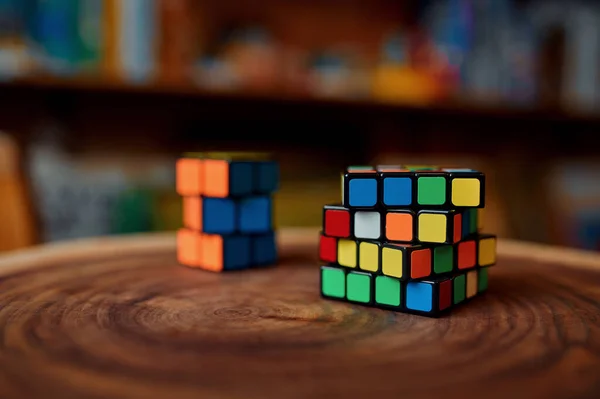 Classical Colorful Puzzle Cubes Wooden Stump Closeup View Nobody Toy — Stock Photo, Image