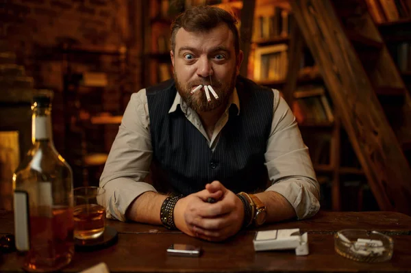 Crazy Man Smokes Three Cigarettes Same Time Vintage Office Interior — Stock Photo, Image