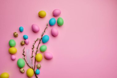 Renkli paskalya yumurtaları ve pembe arka planda söğüt, üst manzara. Paskalya yemeği, etkinlik dekorasyonu, bahar tatili kutlama sembolü.