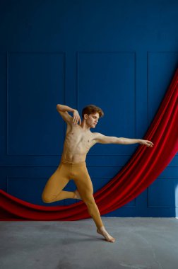 Erkek balerin, dans dersleri, mavi duvarlar ve arka planda kırmızı bez. Kaslı vücutlu, zarif ve zarif bir sanatçı.