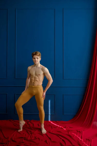 Bailarina Ballet Masculino Posa Estudio Baile Paredes Azules Tela Roja — Foto de Stock