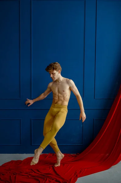 男性バレエダンサーは ダンスクラス 青い壁と背景に赤い布でポーズをとります 筋肉のボディ 優雅さと動きの優雅さとパフォーマー — ストック写真