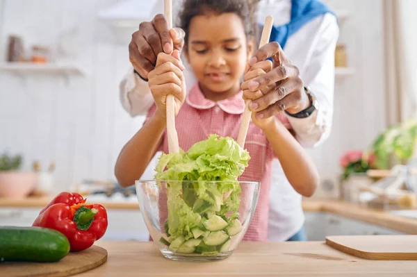 Happy Father Daughter Cooking Salad Breakfast Smiling Family Eats Kitchen — Stock Photo, Image