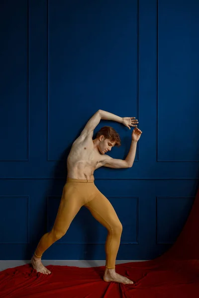 Mannelijke Balletdanser Poseert Aan Blauwe Muur Dansles Rode Doek Achtergrond — Stockfoto