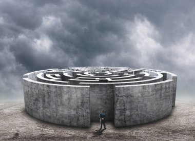 Man standing in front of the circular labyrinth clipart