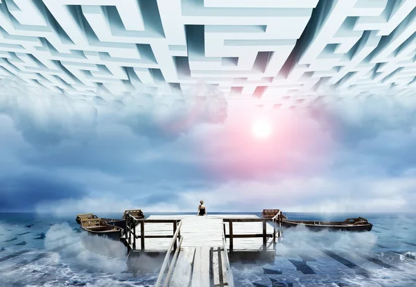 Woman on an old pier in the maze — Stock Photo, Image