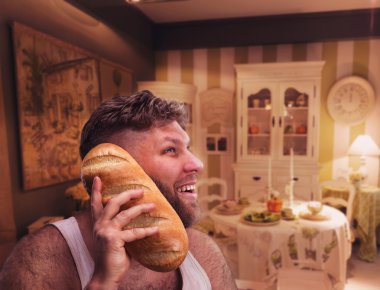 Strange man listening to something in bread clipart