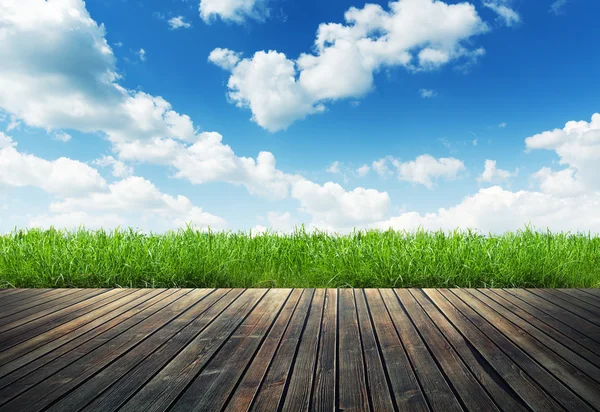 Wooden planks over green grass — Stock Photo, Image