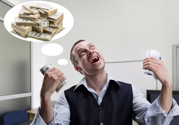 Cheerful businessman holds money — Stock Photo, Image