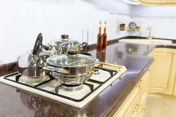 Saucepans on the stove — Stock Photo, Image