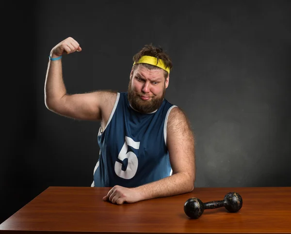 Fat man with dumbbell — Stock Photo, Image