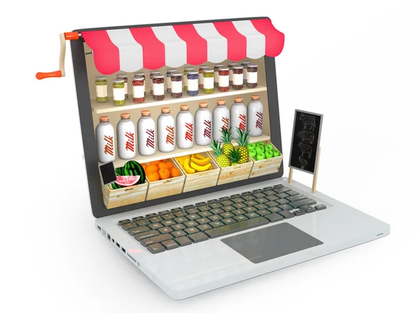 Moderne laptop met kruidenier en supermarkt — Stockfoto