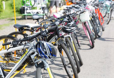 Bicycles in a row closeup