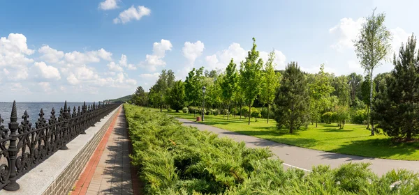 Novi Petrivtsi, Ucraina - maggio 27, 2015green parco di conifere e pavimentazione di pietra vicino al mare — Zdjęcie stockowe