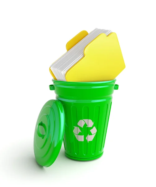 Green garbage bin with documents — Stock Photo, Image