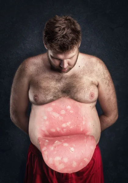 Fat man met worst buik — Stockfoto