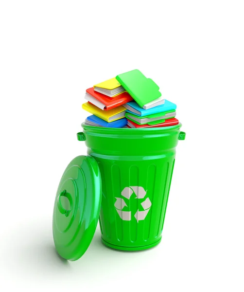 Green garbage bin with notebooks — Stock Photo, Image