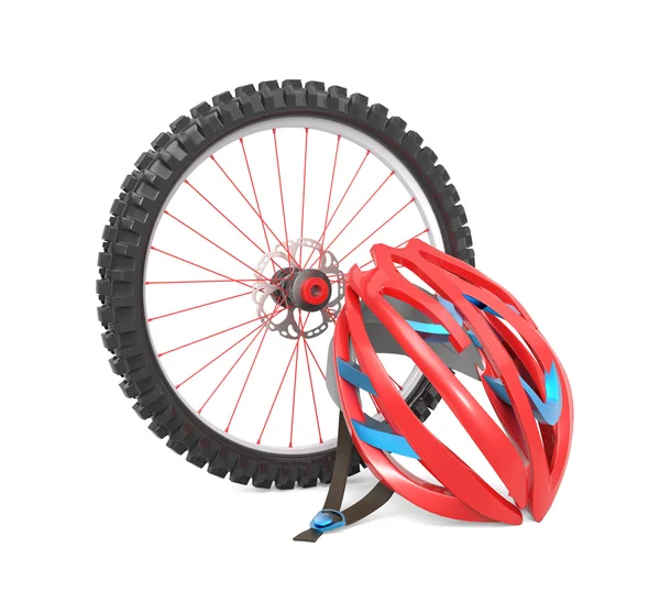 Biking wheel and red helmet — Stock Photo, Image