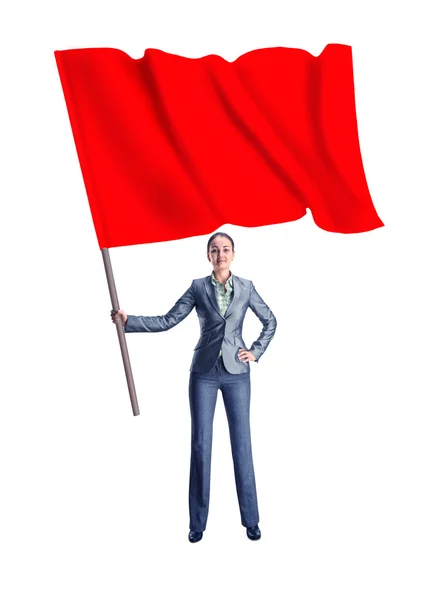Mulher segurando bandeira vermelha — Fotografia de Stock