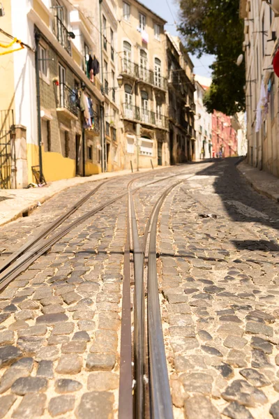 Tramvay rayları asfalt yol üzerinde — Stok fotoğraf