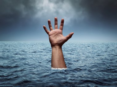 Drowning hand in stormy sea clipart