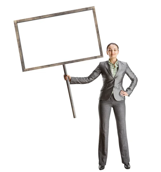 Businesswoman with advertising banner — Stock Photo, Image