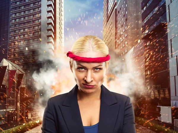 Furious businesswoman with red bandage — Stock Photo, Image